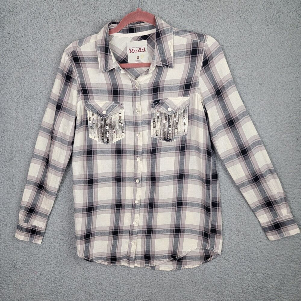 Western Style Shirt Blouse Women S Gray Black Plaid Light Flannel Sparkle Pocket